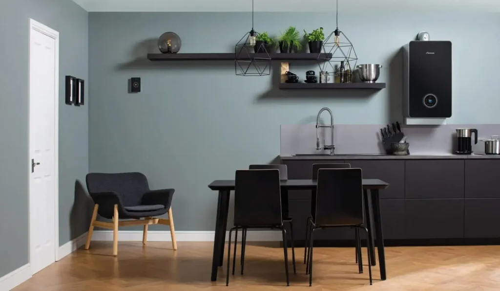 Boiler installation in a modern home kitchen with sleek furniture.